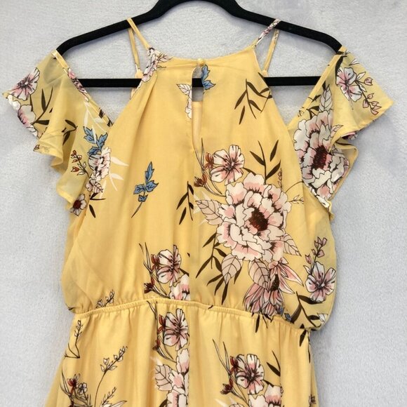 Floral Hi Low Cold Shoulder Maxi Dress Womens Medium M Butter Yellow Boho Flowy - Picture 15 of 16